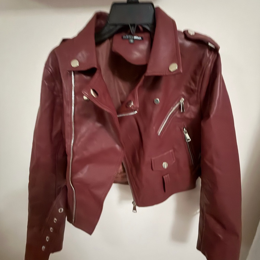 Faux Leather Moto Jacket in Burgundy - Women